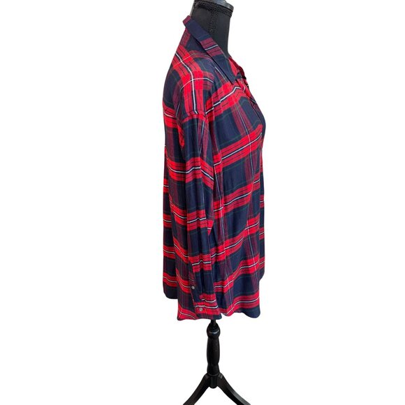 NWT Staccato Red Navy Plaid Boy Friend Long Shirt Top Button-Up Shirt M Academic - Picture 4 of 10
